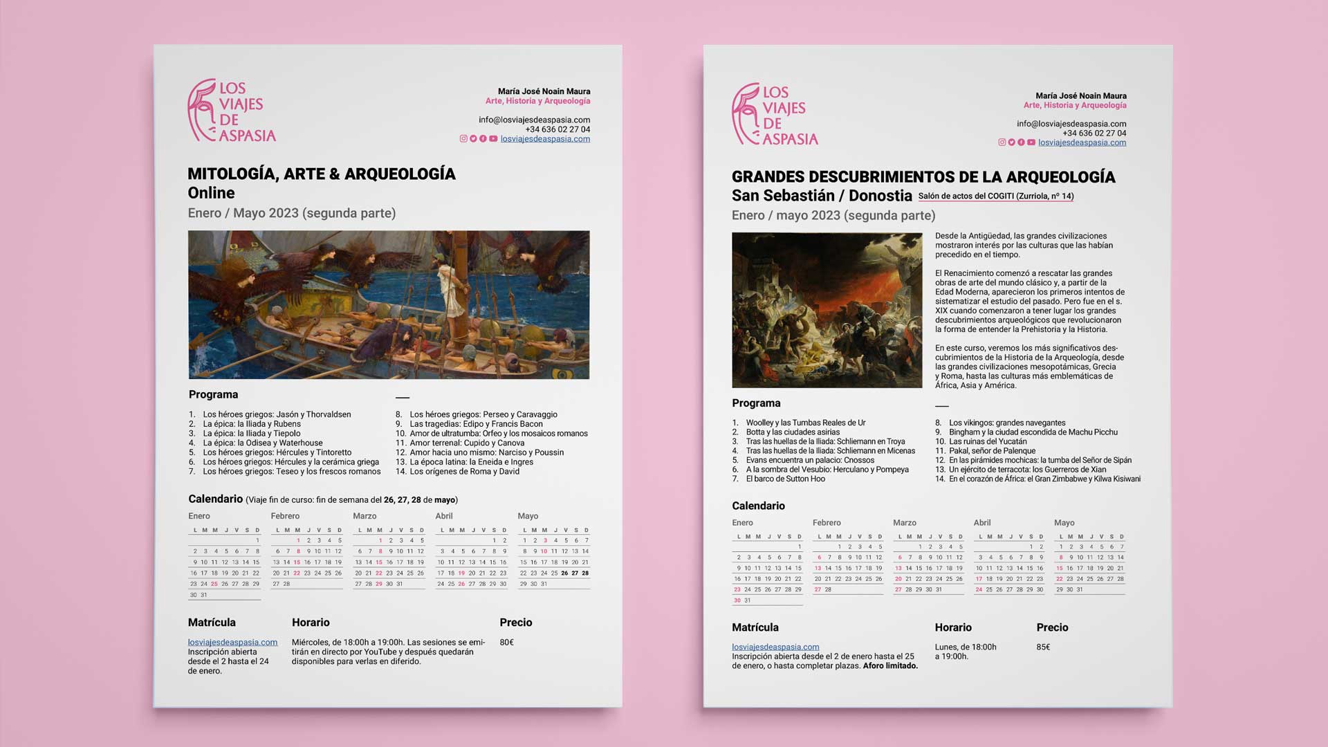 Rediseño de logotipo y soportes corporativos - «Los Viajes de Aspasia», un proyecto cultural creado por María José Noain Maura.