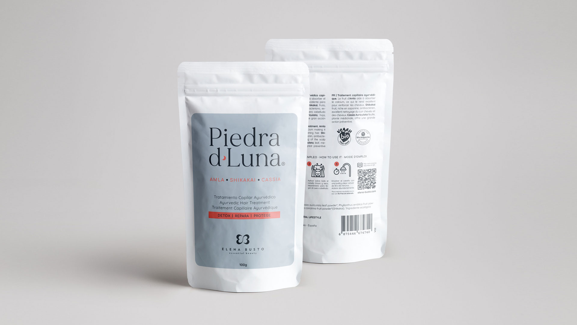 Diseño de logotipo y packaging - Piedra de Luna, una línea de productos capilares de Elena Busto.